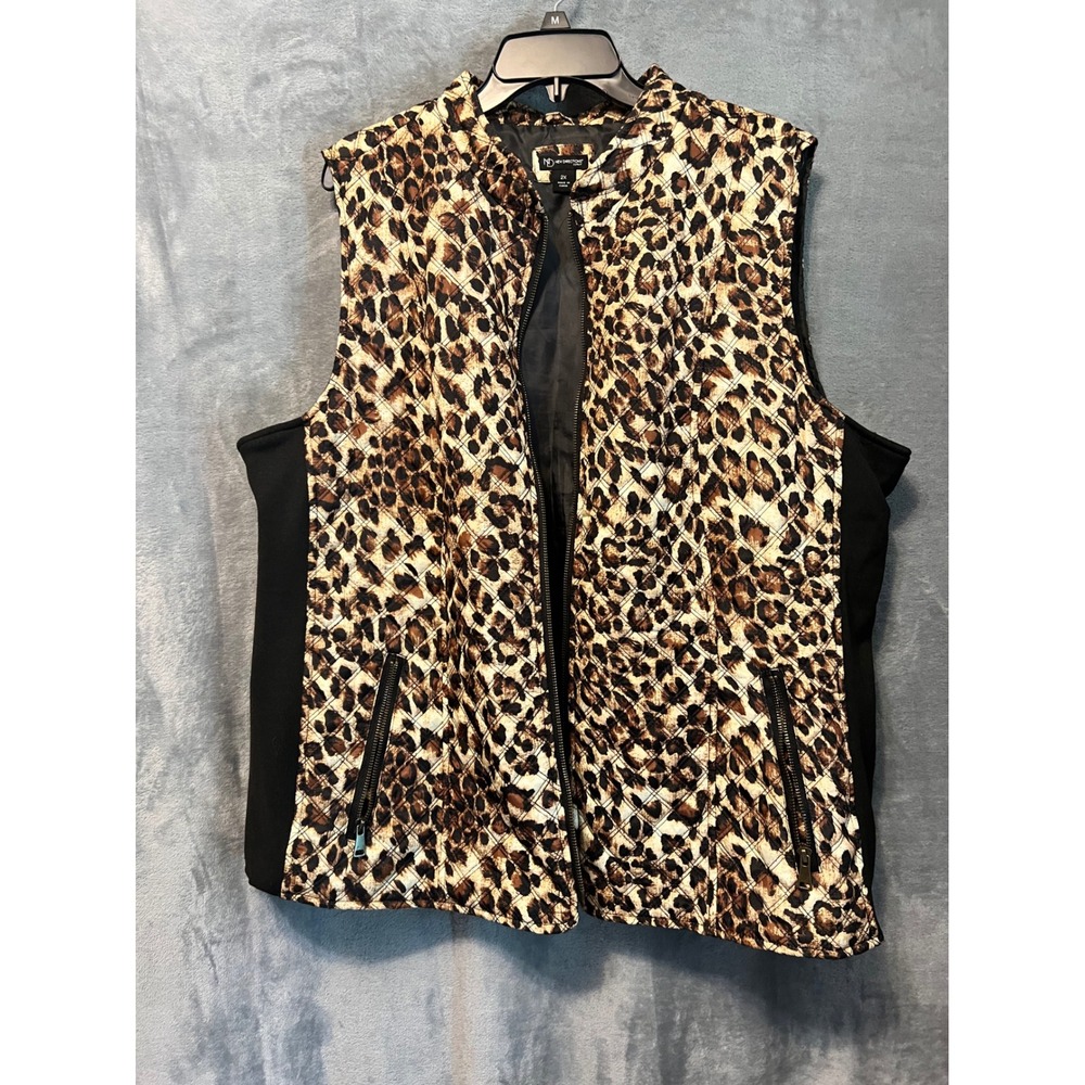 New Directions 2X Leopard Print Quilted Puffer Vest Animal Zip Front Stretch